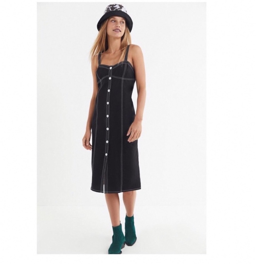 Urban Outfitters Black Contrast Stitch Button Front Midi Dress OB886359 Size M
